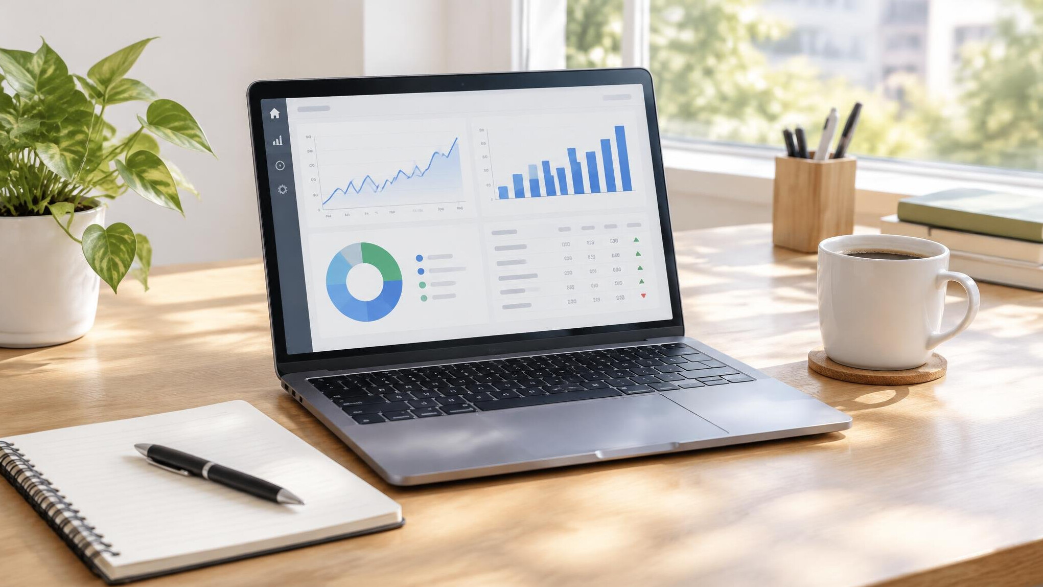 Laptop on a desk with data on screen