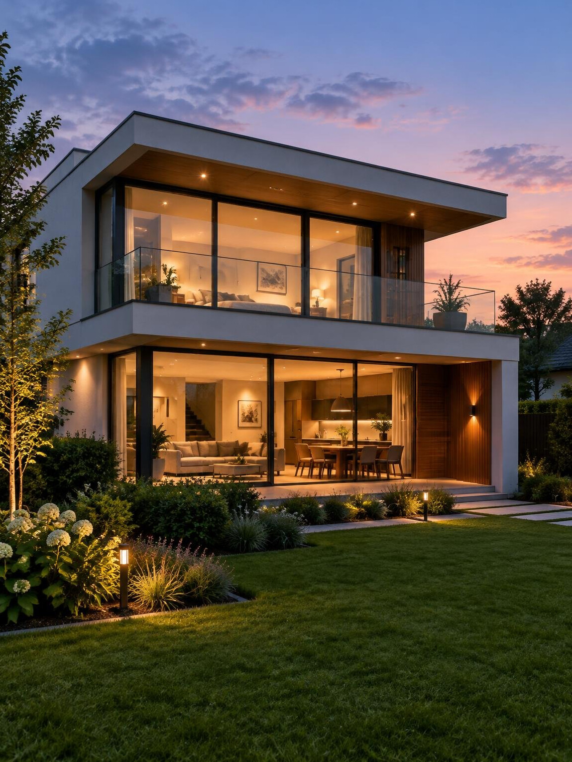 Modern house with large windows and a garden at dusk